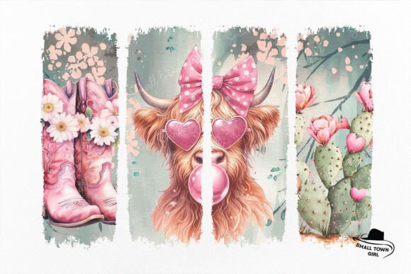 Retro Western Valentine Highland Cow Png for Designers